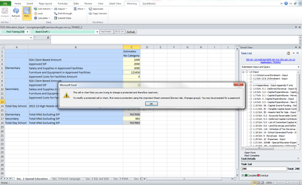 Shows message that displays when user enters data into gray cell